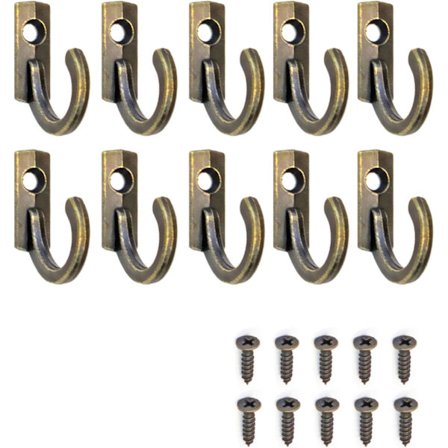 Sæt med 10 jernkroge, metal kroge, vægkroge, antik messing, ret
