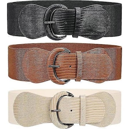 3-pak Dame Strækbart Bredt Taljebælte til Kjole, Elastisk Bælte med Krogspænde til Kostume (Sort+Brun+Beige)
