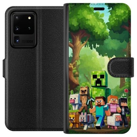 Kompatibelt Lommeboketui til Samsung Galaxy S20 Ultra Blokkete pikselerte spillverden med grønne figurer og dyr i frodig skogsmiljø