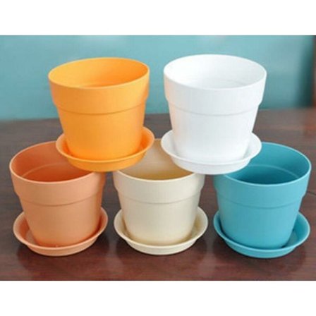 5 stk. farverige mini-plastpotter med underskåle, hjem og have blomsterpotte, topdiameter 9,5 cm, højde 9 cm, bunddiameter 6,5 cm