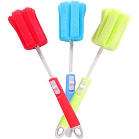 3-pack diskborste av skum med justerbart långt handtag, rengöringsborste, mjuk för babyflaskor, köksrengöring, glas, koppar, slumpmässiga färger