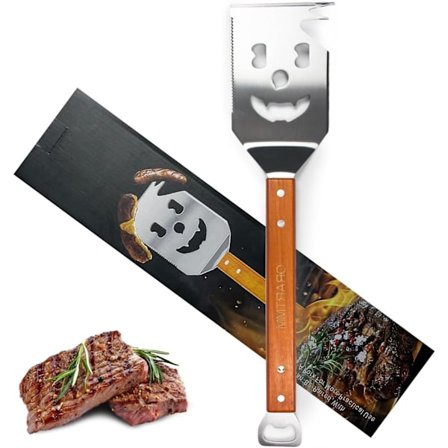 Ruostumattomasta teräksestä valmistettu grillilasta 7-in-1, BBQ-kääntölasta puisella kahvalla - Monitoimiset grillaustarvikkeet grillaamiseen, ulkona 