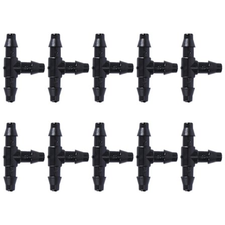 10-pack slangmunstycke T-koppling droppbevattning trädgårdsverktyg för 4/7 mm slangar (svart) (100 stycken, svart)