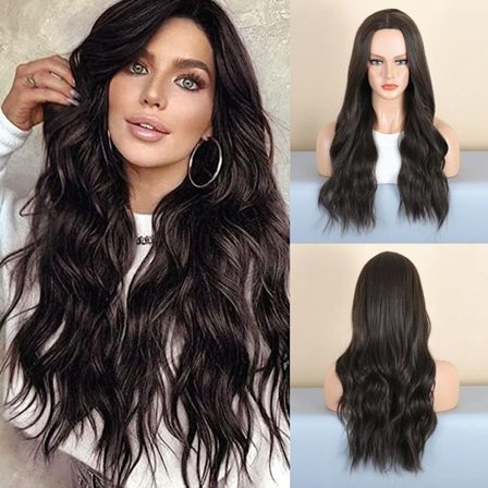 Keskipitkä mustanruskea aaltoileva peruukki naisille