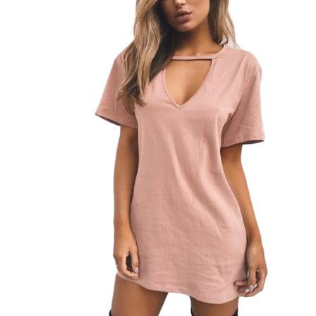 Dam V-hals T-shirt Enfärgad Kortärmad Flickor Bomull