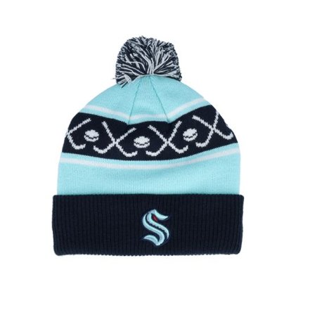 Outerstuff - NHL Blå pom Beanie - Kids Seattle Kraken Face-off Cuff Beanie Navy/Light Blue Pom @ Hatstore