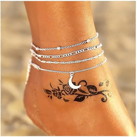 Sølv Ankelarmbånd til Kvinder, Multilayer Boho Barefoot Anklet, Justerbar Fodpynt, Kærlighed Fod Smykker Strandgave