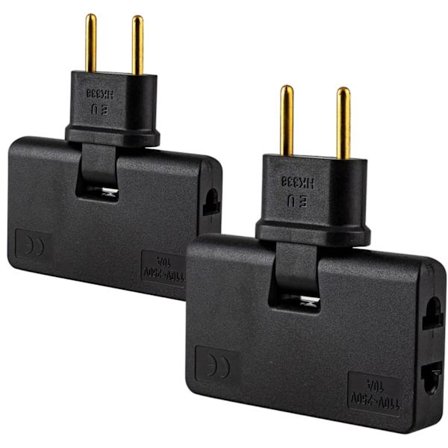 2-pack platt grenuttag med 3 uttag | Slimmad design | 180° roterbart huvud | US och EU adapter | CE-märkning | 250V | 10A jordat uttag | Svart