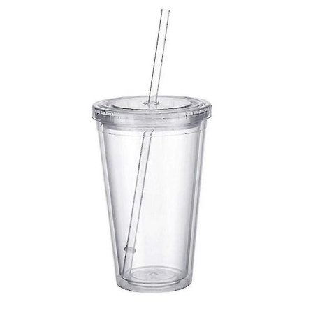 Dubbelskikts Plastmugg Med Lock Och Sugrör, Isolerad Kaffekopp, 500ml, Transparent
