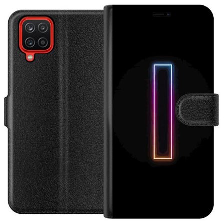 Kompatibel Tegnebogsetui til Samsung Samsung Galaxy A12 Minimalistisk neonbogstav I i regnbuefarver mod mørk baggrund