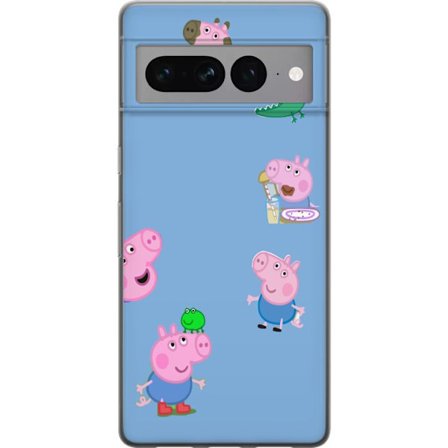 Yhteensopiva Puhelinkuori Google Pixel 7 Pro Peppa Pig kasvomalli vaaleansinisellä pohjalla, toistuva leikkisä lasten motiivi Greeta Possulla