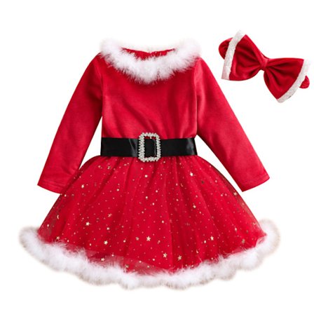 Julekjole til små piger i fløjl med julemandsmotiv og hårbånd
