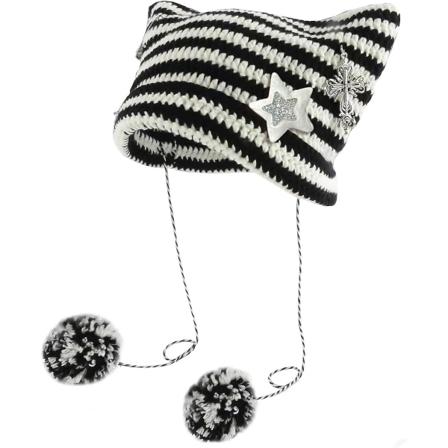 Cat Beanie Søt Hekle Cat Beanie Med Silver Star Hårnål Vintage Tilbehør Håndlaget Grunge strikket lue Black one size