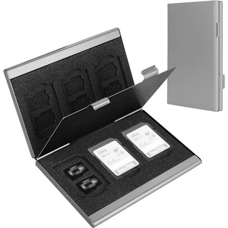 SD-kort Holder - SD-kort Holder - Minnekort Holder - Hardt skall i aluminiumslegering - Dobbel lagkapasitet for 6 SD-kort og 12 TF-kort Sølvfarge