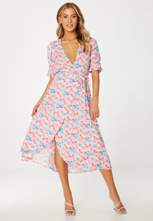 VILA Elegance S/S Wrap Dress Apricot Ice AOP: Wat Klær