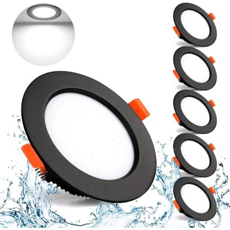 LED-downlight svart, 5-pack ultratunna infällda glödlampor, rund taklampa, kallvitt 6000K