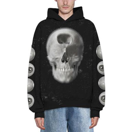 Damer Skull Print Pullover Color Block Hooded Tops