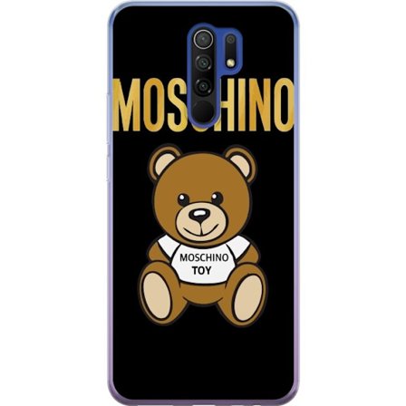 Kompatibelt Mobilskal till Xiaomi Xiaomi Redmi 9 Moschino-inspirerad nallebjörn med text på tröjan, centrerad mot svart bakgrund med tydlig mode- o