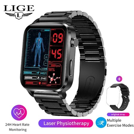 LIGE Smartwatch för män Laserassisterad terapi Tre höga hjärtfrekvens Blodsocker Hälsa Smartwatch Sömn Kroppstemperaturövervakning