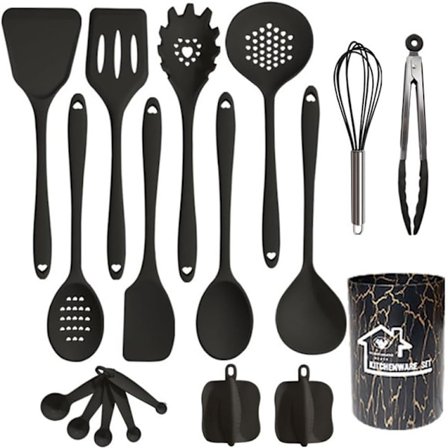 Silikone Redskabssæt Køkkenredskaber, 18 stk. Madlavningsredskaber Sæt, Non-Stick Varmebestandige Madlavningsgadgets, Sort