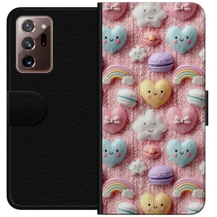 Yhteensopiva Lompakkokotelo Samsung Galaxy Note20 Ultra Pastellimotiiivi sydämillä, pilvillä, sateenkaarilla ja makaronseilla vaaleanpunaisella tausta