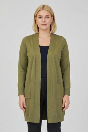 CISO - Lang Cardigan - Olivegrøn Melange - Med Lommer