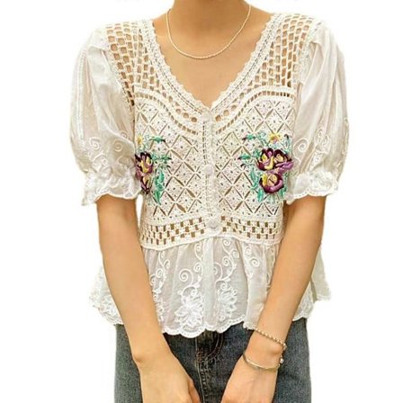 Dam Sommar Fransk Stil Puff Halv Ärm Skjorta Utskuren Virkad Broderi Blommig Blus V-ringad Knapp Fram Volangfåll Strand Peplum Topp
