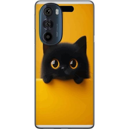 Kompatibelt Mobilskal till Motorola Motorola Edge 30 Pro Svart katt sticker upp över gul kant - ren och modern illustration med stora ögon, lekfullt