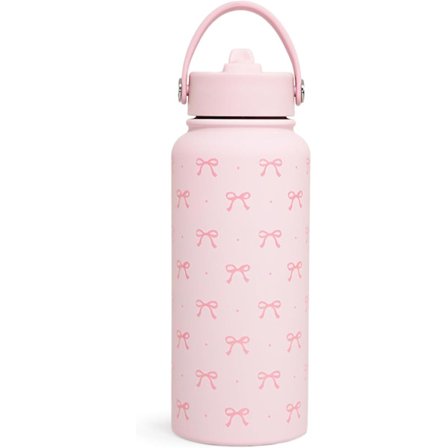 Pink Vandflaske med Sløjfe 1L (32 oz) Isoleret Vandflaske Rustfrit Stål Pink Termokande med Sugerør