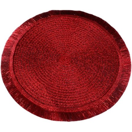 Sæt med 2 runde vævede dækkeservietter, flad stil, med pompom - 38 cm, rød