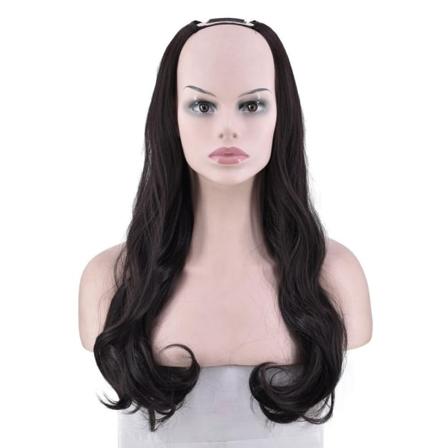 Kvinneparykk U-formet halvt hodeplagg Langt krøllete hår Big Wave Pære Ensfarget W199 Natural Black