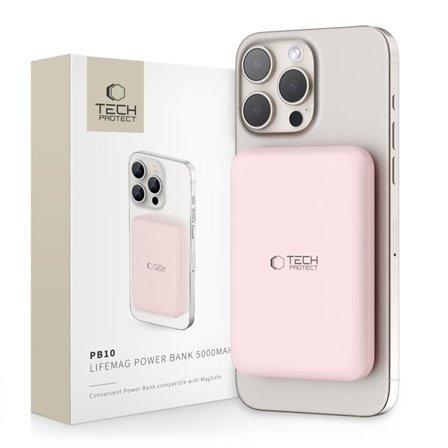 Tech-Protect LifeMag PB10 MagSafe Powerbank 5000mAh 15W - vaaleanpunainen + USB-C-kaapeli