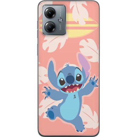 Kompatibel Mobilcover til Motorola Moto G14 Glad illustration af Stitch der hopper foran lyserød baggrund med surfbræt