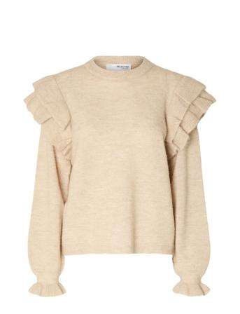 Slflulu Ls Knit Shoulder Frills O-Neck Beige Selected Femme
