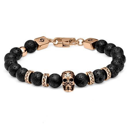 Rico | Bracelet en pierres de lave avec tête de mort en acier inoxydable couleur or rose pour hommes - Bracelets en acier