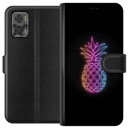 Kompatibelt Plånboksfodral till Motorola Motorola Moto E22i Neonillustration av ananas i färgglatt ljus mot svart bakgrund