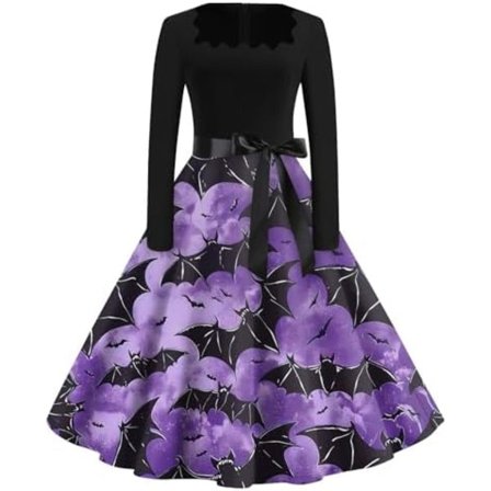 BTBDYDH Halloween Klänning Retro Långärmad V-ringad Klänning Utsvängd Vintage Hepburn Klänningar Pumpa Fladdermus Häxa Tryckt Cosplay Party Kostym 