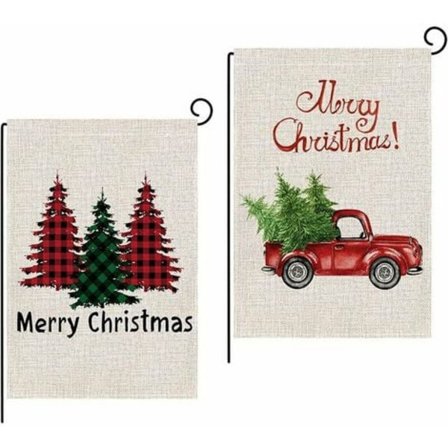 Paket med Julgransflaggor för Trädgården, 12.5" x 18" Vertikal Dubbel Storlek Julgran Tomtar Röd Lastbil Burlap Flagga för Hemmet