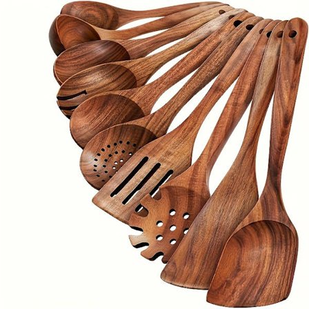 10 stk Premium Teak Kjøkkenutstyrsett - Non-Stick, Varmebestandig