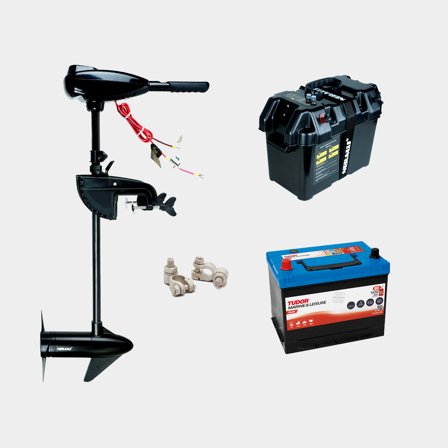 Elektrische buitenboordmotor pakket Neraus L 32, 312 W, 71 cm verstelbare rigglengte, met lood-accu (80 Ah) + accubak + kabelschoenen