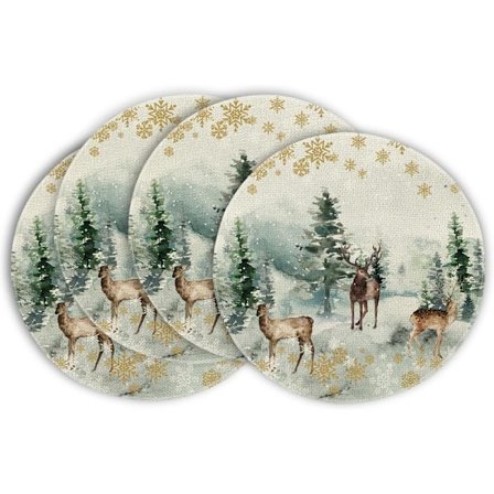 Sæt med 4 runde dækkeservietter, akvarel juletræ rensdyr, 38 cm vinter jule dækkeserviet vaskbare bordmåtter køkken festdekoration