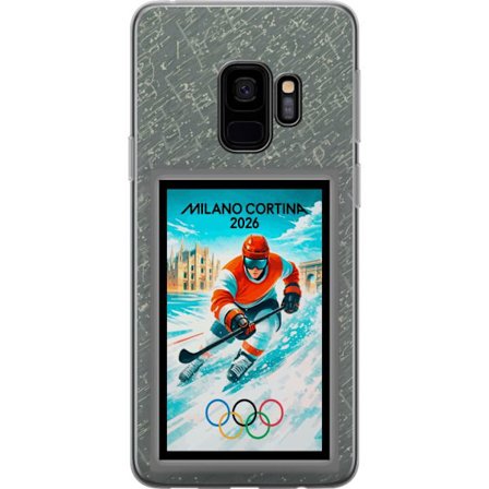 Yhteensopiva Puhelinkuori Samsung Galaxy S9 Curlingkuvitus pelaajilla ja kivillä jäällä, Milano Cortina 2026, lumisia roiskeita ja olympiasormukset