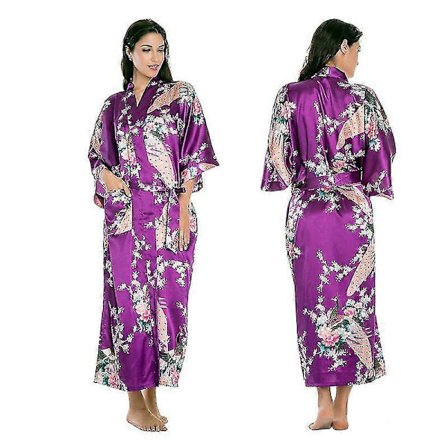 Blommig Dam Kimono Morgonrock i Mjuk Satin Bröllop Badrock Nattkläder Lila 3XL