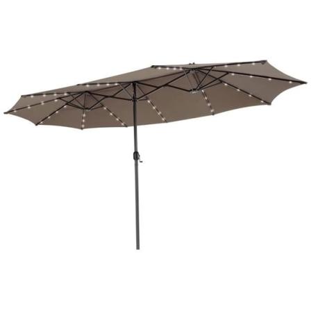 COSTWAY dubbelt trädgårdsparasoll med 48 LED-solljus, 12 ribbor, 470 x 280 x 246 cm, för terrass, innergård, brun