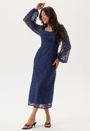 Bubbleroom Occasion - Ruched L/S Midi Dress - Navy - Kläder