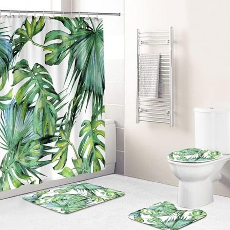 Shower curtain with tropical green plants, bathroom mats, petal landscape, non-slip, toilet lid, bathroom decoration set - 180x180cm