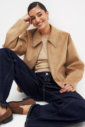 NA-KD Stud Detail Faux Suede Jacket - Jakker i læderimitation - Beige - EU 38