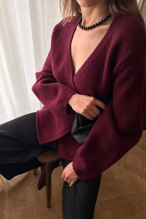 NA-KD Knitted Wool Blend Wrap Cardigan - Cardigans - Burgundy - S (EU 34-36)