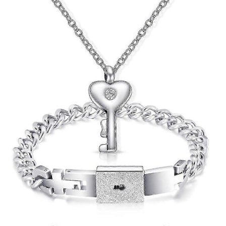 Par Smycken Rostfritt Stål Armband Kärlek Hjärta Lås Armband Armringar Nyckel Hänge Halsband För Älskare Smycken Gåva (Rodiumpläterad)