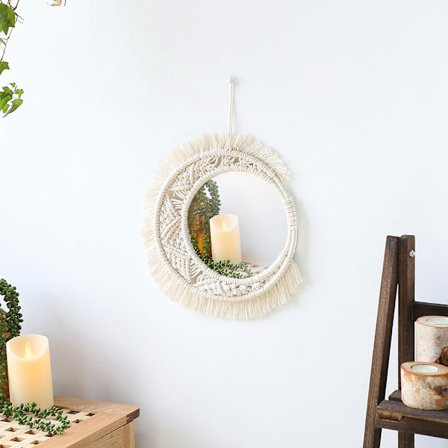 Hängande väggspegel med macramé frans runt Boho-spegel Ar